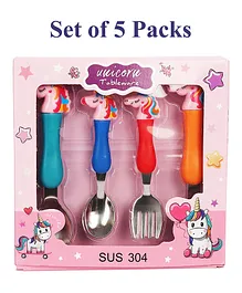 Asera Unicorn Theme Stainless Steel Baby Feeding Spoon and Fork Pack of 5 - Multicolour