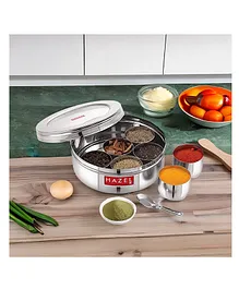 HAZEL Big Masala Container See Through for Kitchen Stainless Steel Set of 7 Small Masala Jars and Spoon Silver - 2800 ML