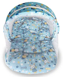 BeyBee Superminis Multicolor Cartoon Prints Blue Base Design Bedding Set Thick Base Foldable Mattress Rectangular Shape Pillow and Zip Closure Mosquito Net - Blue