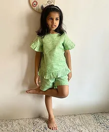 Charkhee Half Sleeves Self Designed Frilled Co Ord Set - Green