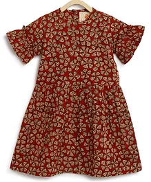 Charkhee Flared Sleeves Floral Motif Printed Dress - Red