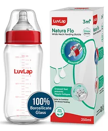 LuvLap Transparent Wide Neck Glass Feeding Bottle Red - 250 ml