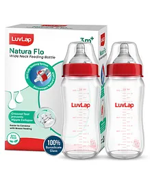 LuvLap Transparent Wide Neck Glass Feeding Bottle Red Pack of 2 - 250 ml each