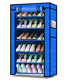 Fiddlerz Multipurpose 6 Shelves Shoe Rack Cabinet With Zip Door Cover Side Pockets Collapsible Shoes Shelf Shoerack Multiuse Storage Organizer For Footwear Toys Clothes(Non-Woven Fabric) Blue