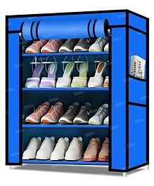 Fiddlerz Multipurpose 4 Shelves Shoe Rack Cabinet with Zip Door Cover Side Pockets Collapsible Shoes Shelf Shoerack Multiuse Storage Organizer for Footwear Toys Clothes(Non Woven Fabric) Blue