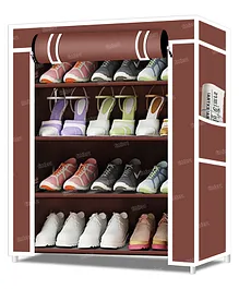 Fiddlerz Multipurpose 4 Shelves Shoe Rack Cabinet with Zip Door Cover Side Pockets Collapsible Shoes Shelf Shoerack Multiuse Storage Organizer for Footwear Toys Clothes(Non Woven Fabric) Brown