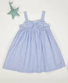 Little Jump Sleeveless Railroad Striped & Bow Embellished Yoke Fit & Flare Seersucker Dress - Blue