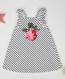 Little Jump Sleeveless Apple Detailed Sequin Patch Embellished Striped A Line Dress - White & Black