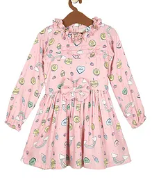 Little Jump Full Sleeves All Over Candies & Cat Printed Fit & Flare Bow Embellished & Ruffled Neckline Detailed Dress - Pink