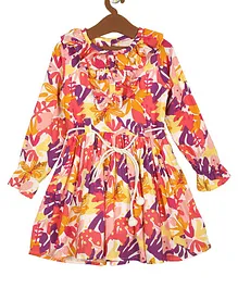 Little Jump Full Sleeves Seamless Leaves Printed & Ruffled Bodice Designed Fit & Flare Dress With Front Tie Up - Multi Colour