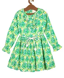 Little Jump  Full Sleeves Seamless Tropical Leaves Printed Fit & Flare Dress With Front Tie Up - Green