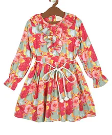 Little Jump Full Sleeves Seamless Pastel Floral Printed & Ruffled Bodice Designed Fit & Flare Dress With Front Tie Up - Multi Colour