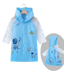 Babyhug Full Sleeves Hooded Raincoat Astronaut  Print - Blue