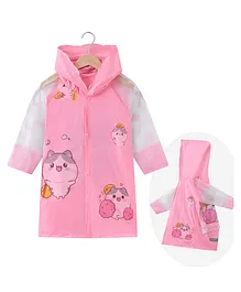 Babyhug Full Sleeves Hooded Raincoat Kitten Print - Pink