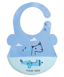Polka Tots Waterproof Silicone Feeding Bibs with Adjustable Snap Buttons Aeroplane Print - Blue