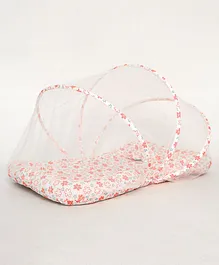 Tidy Sleep Baby Bed With Mosquito Net & Neck Pillow Baby Gadda Set For New Born Flower Printed - Pink