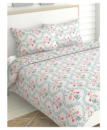 haus & kinder 186 TC 100% Cotton Double Bedsheet with 2 Pillow Covers Blossoms Floral Print - Pink