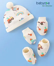 Babyoye 100% Cotton With Eco Jiva Finish Cap Mitten & Booties Car Print White - Diameter 12 cm