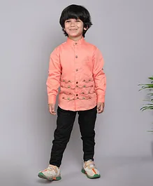 BAATCHEET Full Sleeves Boats & Sea Waves Embroidered Shirt With Pant  -  Peach