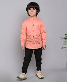 BAATCHEET Full Sleeves Boats & Sea Waves Embroidered Shirt With Pant  -  Peach