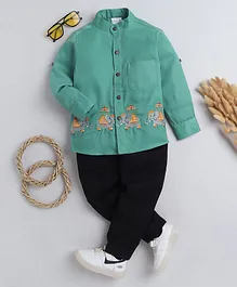 BAATCHEET Full Sleeves Elephant With Carrier Motif Embroidered Shirt With Pant - Mint Green