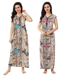 Piu Pack Of 2 Short Sleeves Floral Printed Sarina Maternity Nighty - Blue Purple