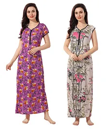 Piu Pack Of 2 Short Sleeves Intricate Floral Printed Front Zipper Sarina Maternity Nighty - Pink & Purple