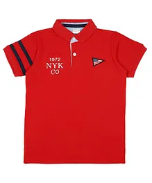 RAINE AND JAINE Half Sleeves Side Taped Text Printed & Embroidered Polo Tee - Red