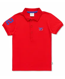 JusCubs Half Sleeves Shoulder Patch Work Detailed & Placement Logo Embroidered & Bio Washed Polo Tee - Red