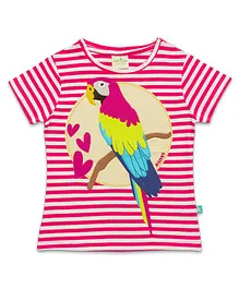 JusCubs Half Sleeves Parrot Patch Embroidered Candy Striped Bio Washed Tee - Pink