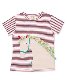 JusCubs Half Sleeves Unicorn Patch Embroidered Candy Striped Bio Washed Tee - Maroon