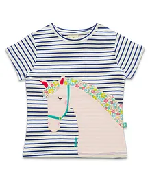 JusCubs Half Sleeves Unicorn Patch Embroidered Candy Striped Bio Washed Tee - Blue