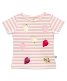 JusCubs Half Sleeves Strawberries Sequins Embroidered Candy Striped Bio Washed Tee - Pink