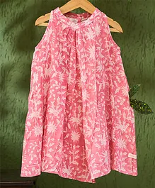 Love the World Today Sleeveless All Over Floral & Leaf Swirl Hand Block Printed A Line Dress - Pink