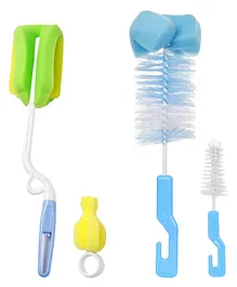 Chinmay Kids 4 Pcs Baby Milk Bottle Brush Nipple Straw Cleaner Sponge Flexible Handle & Bristles Brush Cleaner - Green & Blue