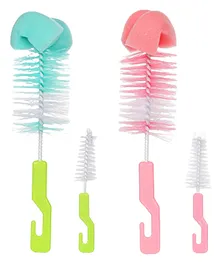 Chinmay Kids 4 Pcs Baby Milk Bottle Brush Nipple Straw Cleaner Sponge Flexible Handle & Bristles Brush Cleaner - Green & Pink