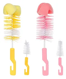 Chinmay Kids 4 Pcs Baby Milk Bottle Brush Nipple Straw Cleaner Sponge Flexible Handle & Bristles Brush Cleaner - Yellow & Pink