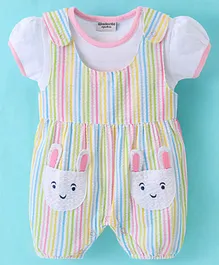 Wonderchild Short Puffed Sleeves Solid Tee with Striped Pocket Detailed Romper - White Pink