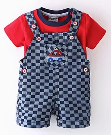 Wonderchild Half Sleeves Solid Tee With Checks Car Embroidered Dungaree - Red