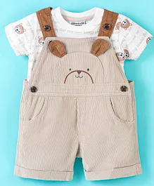 Wonderchild Half Sleeves Bear Printed Tee With Dungaree - Beige