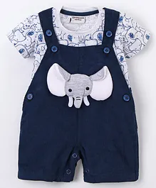 Wonderchild Half Sleeves Elephant Printed & Patch Embroidered Tee With Dungaree - Navy Blue