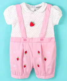 Wonderchild Puffed Sleeves Polka Dots & Strawberry Printed Romper - Pink