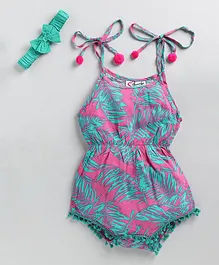 M'andy Sleeveless All Over Leaves Printed & Lace Embellished Shoulder Tie Up Onesie With Bow Detailed Headband - Pink