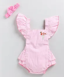 M'andy Frilled Sleeves Striped Flamingo Embroidered Patch Onesie With Headband - Pink
