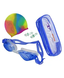 ADKD Silicone Swim Cap with Swimming Googles Anti Fog Glasses and Earplugs for Safety (Color may Vary)
