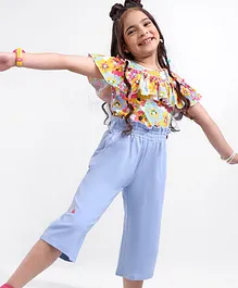 Ollington St. 100% Cotton Off Shoulder Top With Paperbag Waist Culottes Floral Print - Yellow & Blue