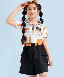 Ollington St. 100% Cotton Newspaper Print Shirt & Skirt With Belt- White & Black