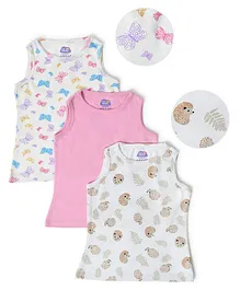 Mi Arcus Baby Girl Cotton Sleeveless All Over Butterfly & Raccoon Print Tank Top Pack of 3 White & Pink