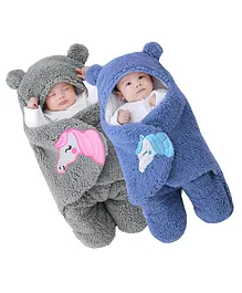 Brandonn Wearable Hooded Baby Swaddle Blanket Pack of 2  - Turquoise Blue &  Grey