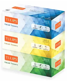 Tulips Facial Dry Tissue Paper Super Soft, Super Absorbent & 100% Pure Pack of 3- 200 Pulls